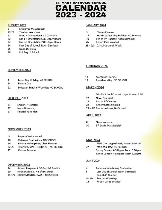 Calendar The Saint Mary Catholic School